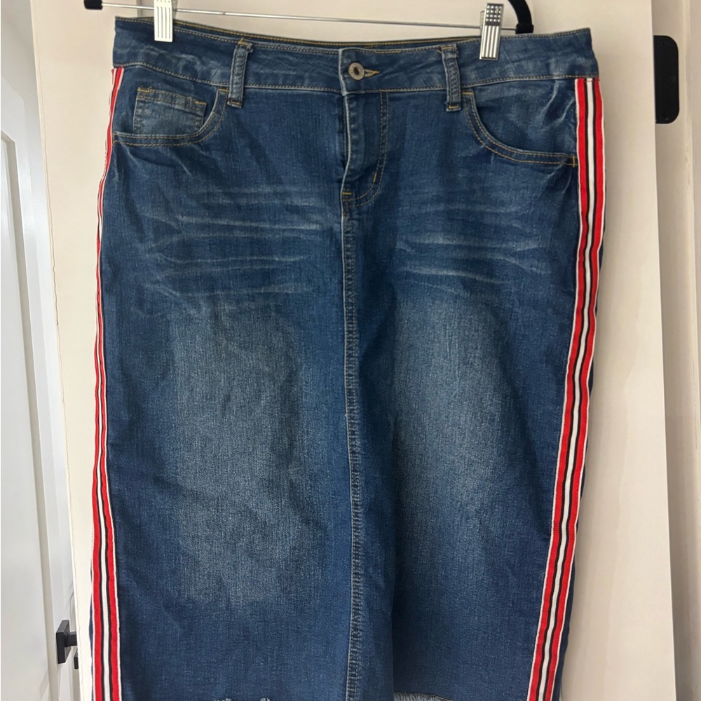 Denim Skirt with Red and White Stripes
